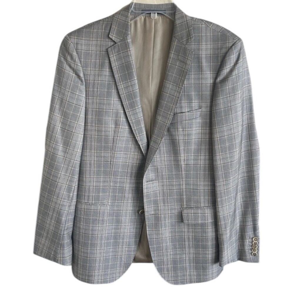 Hugo Boss Mens 40L Gray Plaid Wool Silk Blazer Two Button Sport Coat